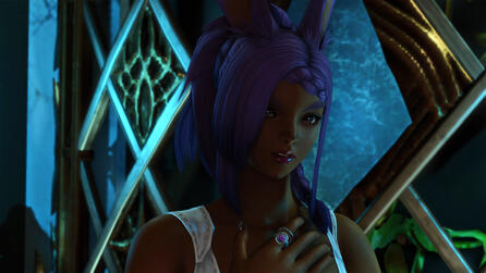 Dressed in a white dress and standing in front of a metal and crystal screen woven with greenery, Kit Hareington holds a hand over her heart. Her finger is laden with a ring depicting the sigil of Zodiark.