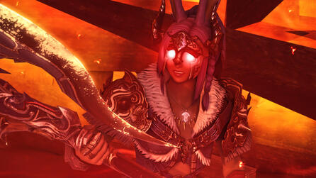 UntitledKit Hareington, in a Warrior's fur and leather armor, stands before a burning wood, holding her greataxe. The blade glows with golden light, sparks fly around her, and her eyes glow bright red from the release of her Inner Beast.